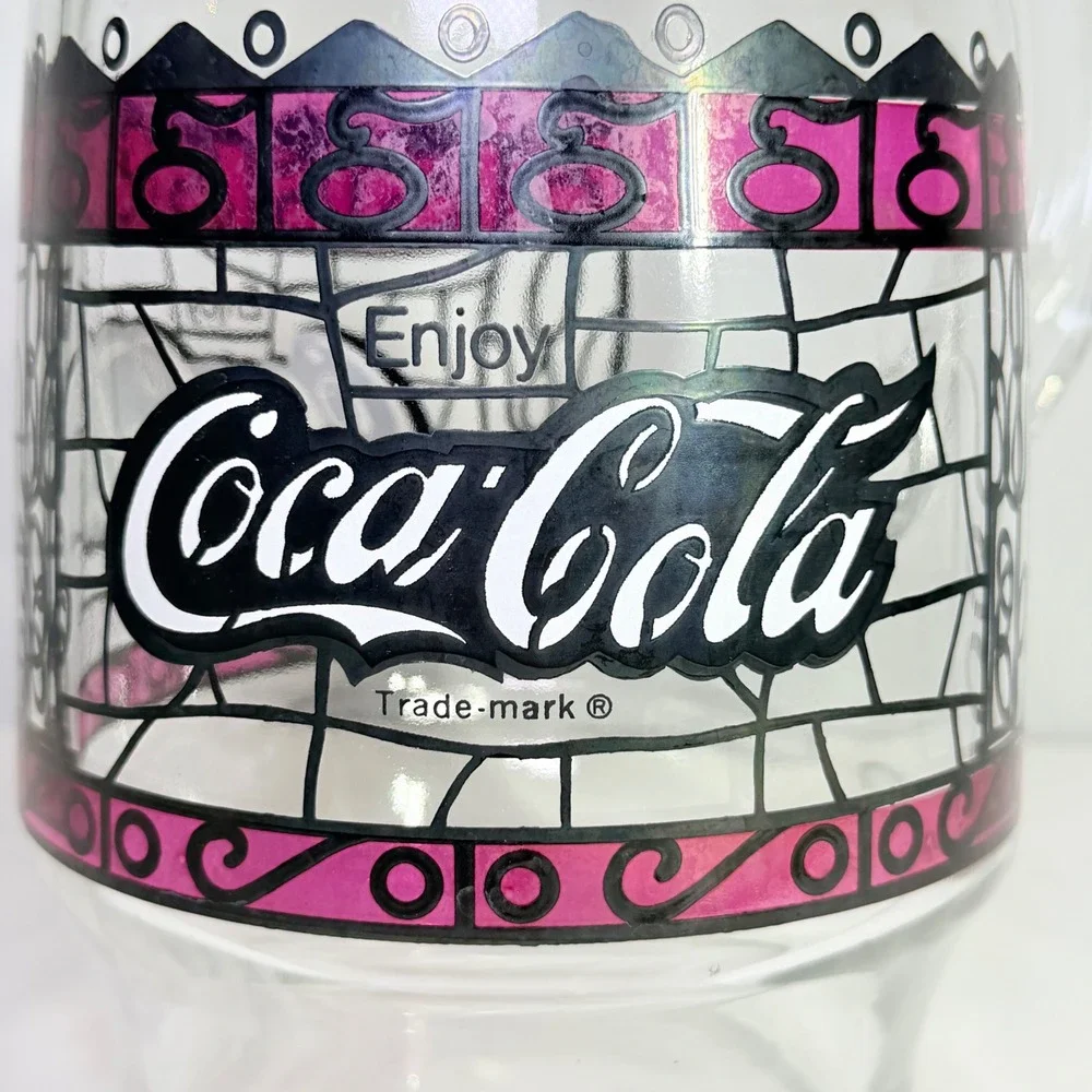 Vintage Coca-Cola Glass Pitcher Pink Stained Glass Logo Ice Lip 9 Inch Clear